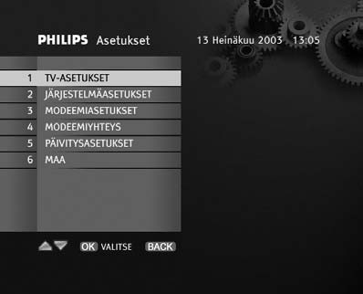 6.4.2 Asetukset Asetukset-alivalikossa voit muuttaa tv-, järjestelmä-, modeemi-, päivitys- ja maa-asetuksia. Asetukset-alivalikko 6.4.2.1 Asennus - Asetukset - TV-asetukset TV-asetusten ruudussa on kaksi asetusta: Kuvasuhdevalinta ja Kuvaformaatti.