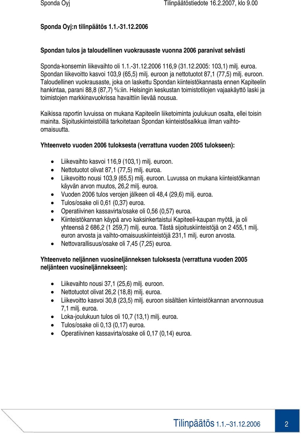 Spondan liikevoitto kasvoi 103,9 (65,5) milj. euroon ja nettotuotot 87,1 (77,5) milj. euroon. Taloudellinen vuokrausaste, joka on laskettu Spondan kiinteistökannasta ennen Kapiteelin hankintaa, parani 88,8 (87,7) %:iin.