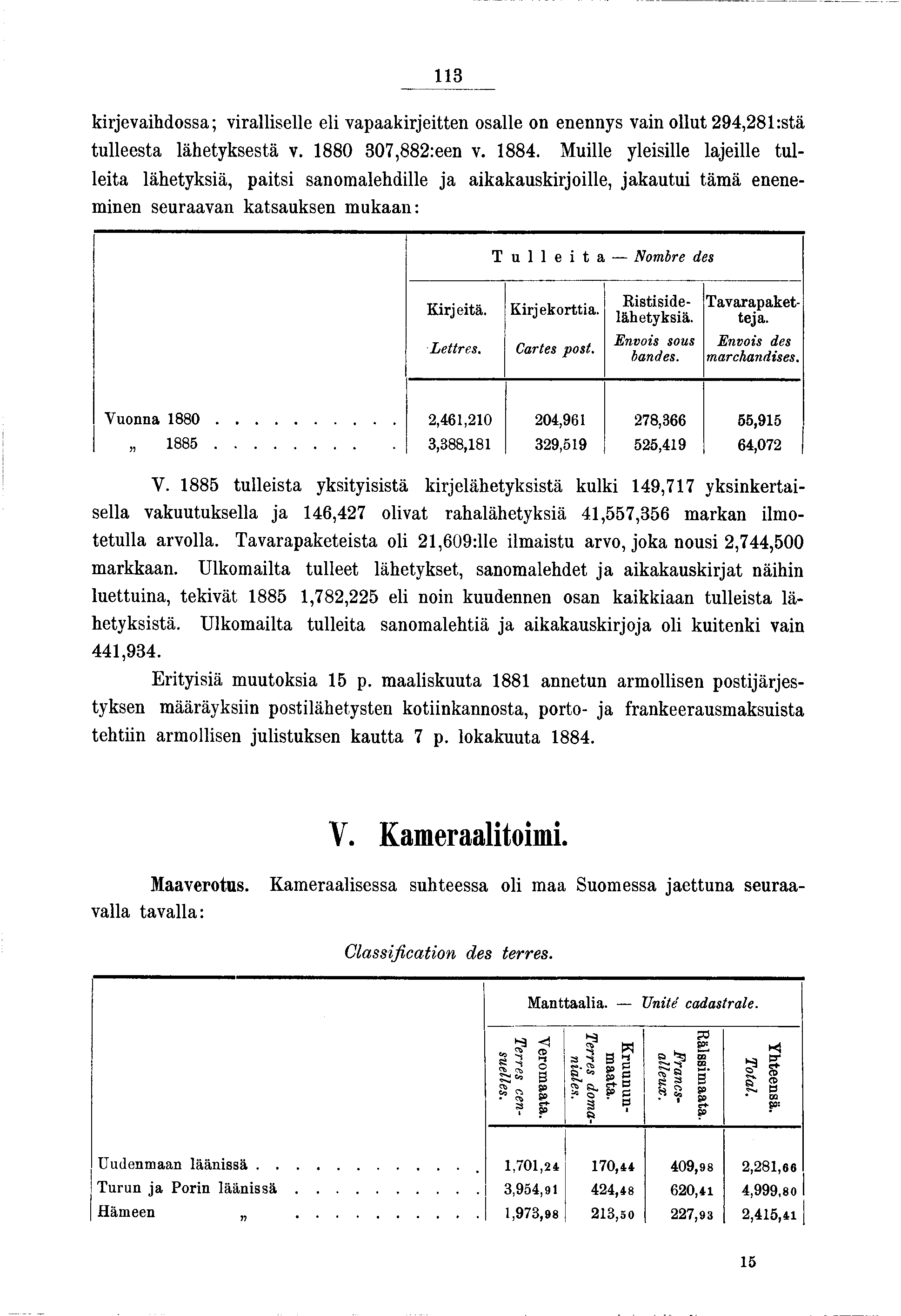 3 krevahdossa ; vrallselle el vapaakretten osalle on enennys van ollut 294,28 l:stä tulleesta lähetyksestä v. 880 307,882:een v. 884.