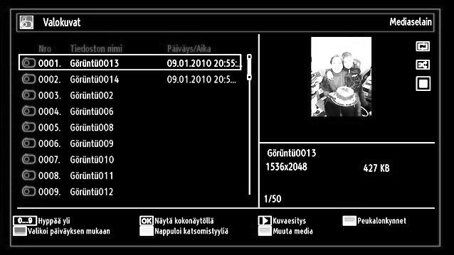 Median toisto Mediaselaimella Jos USB-muistia ei tunnisteta kun virta on kytketty pois/päälle tai Alkuasetuksen jälkeen, irrota USBmuisti ja kytke TV pois/päälle.