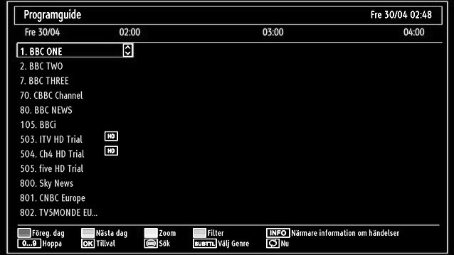 Visa elektronisk programguide (EPG) Du kan visa den elektroniska programguiden (EPG) för att visa information om tillgängliga program. Tryck på knappen EPG på fjärrkontrollen för att visa EPGmenyn.