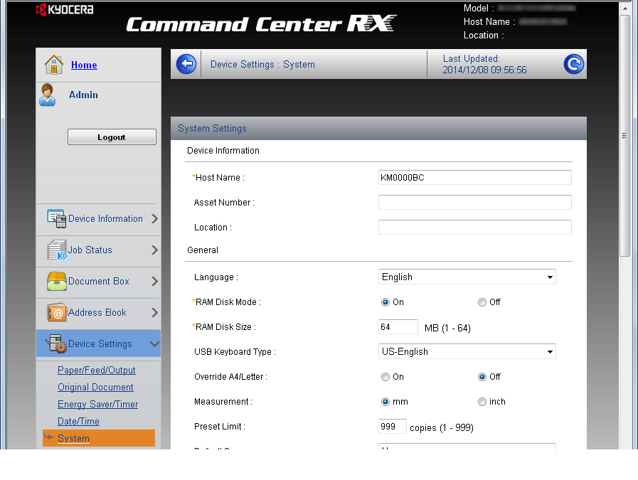 Koneen asennus ja asetukset > Command Center RX Laitetietojen vaihtaminen Vaihda koneen laitetietoja. 1 Avaa näyttö. 1 Käynnistä WWW-selain.