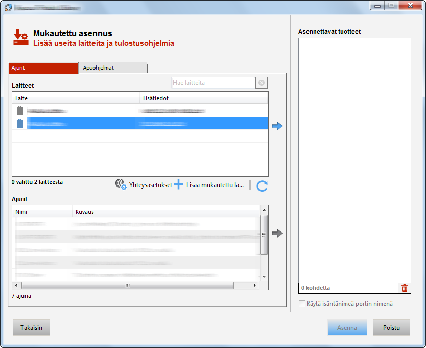 Koneen asennus ja asetukset > Ohjelmiston asennus Mukautettu asennus Seuraava toimenpide on esimerkki ohjelmiston asentamisesta Windows 7 -käyttöjärjestelmään [Mukautettu asennus]- menetelmällä.