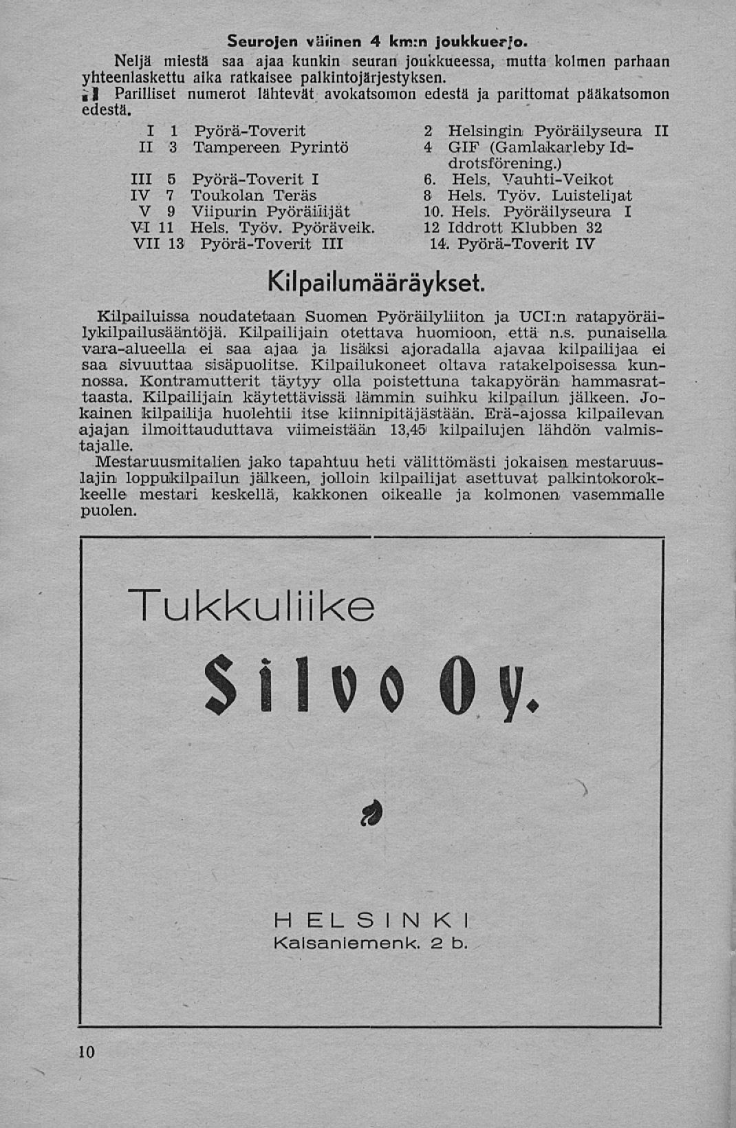 Seurojen välinen 4 km:n joukkuerfo. Neljä miestä saa ajaa kunkin seuran joukkueessa, mutta kolmen parhaan yhteenlaskettu aika ratkaisee palkintojärjestyksen.