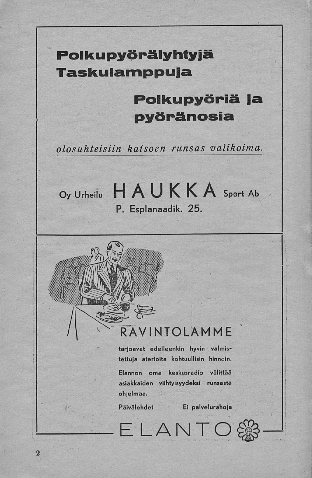 Polkupyprälyhtyjä Taskulamppuja Polkupyöriä ja pyöränosia olosuhteisiin katsoen runsas valikoima. Oy Urheilu HAUKKA P. Esplanaadik. 25.