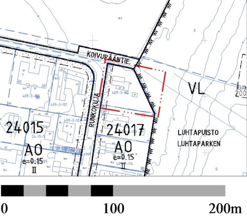 002300 / Runkokuja 2, 13.2.2017 8/17 Ote voimassa olevasta asemakaavasta. Muutosalue on merkitty punaisella viivalla ja se koskee osaa korttelista 24017 sekä osaa lähivirkistysalueesta (VL).