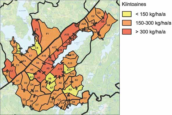 1.8.2013 25 (50) Osavaluma-alueiden nykytilanteen mukaiset alueiden keskimääräiset ominaiskuormitusluvut määritettiin kiintoaineelle, kokonaisfosforille ja kokonaistypelle.