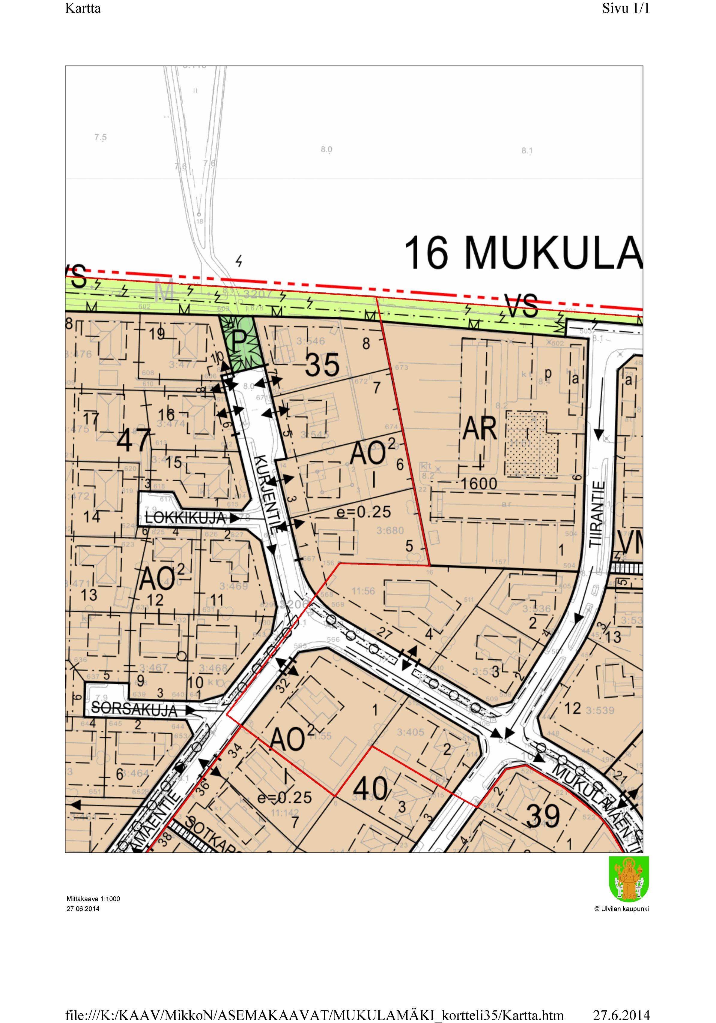 3/5 Ote keskustaajaman yleiskaavasta Asemakaava Suunnittelualueella ovat voimassa Mukulamäen asemakaava (KV 16.8.1978, Lääninhallitus 11.4.1979).