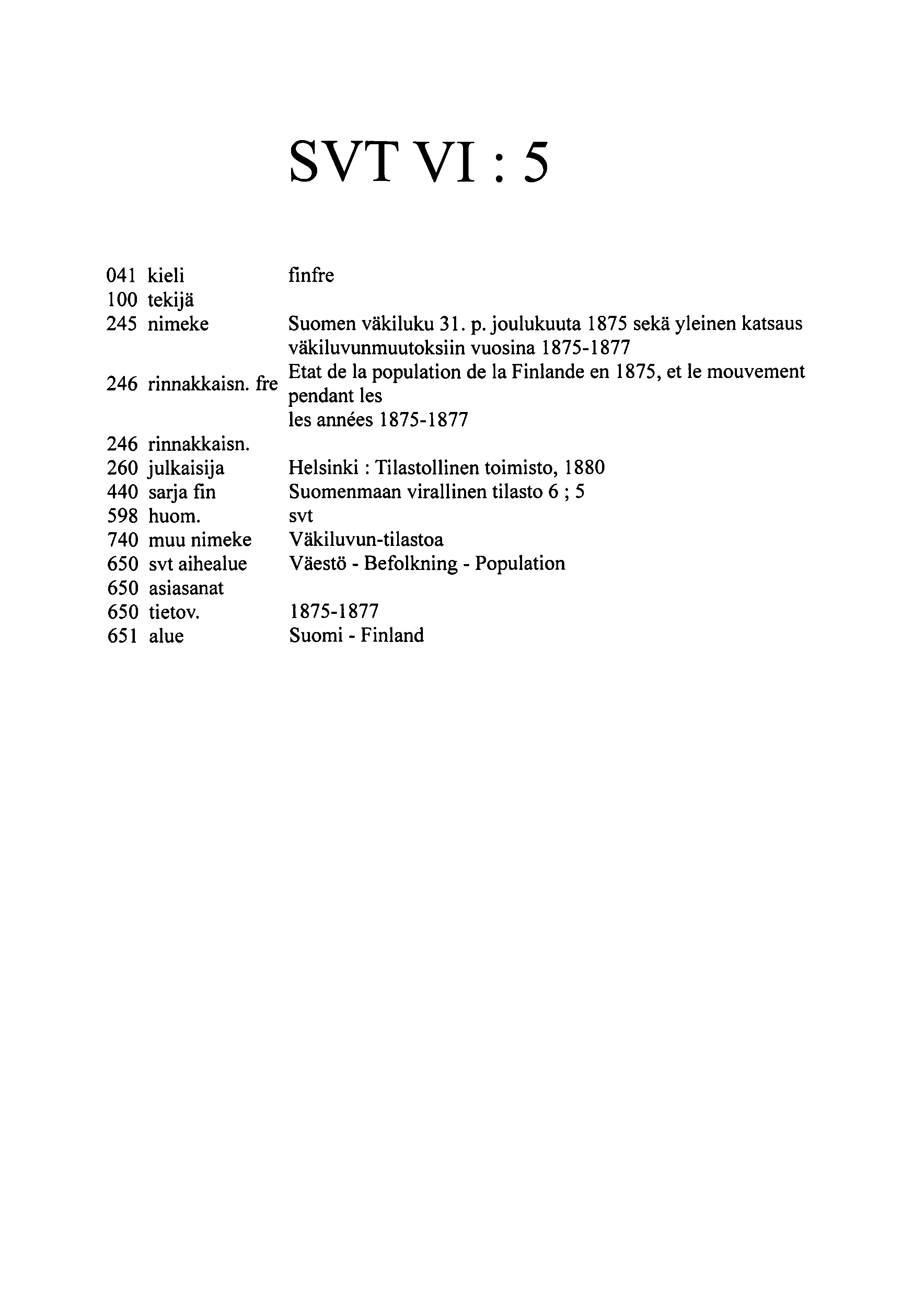SVT VI : 0 kieli finfre 00 tekijä nimeke Suomen väkiluku. p. joulukuuta sekä yleinen katsaus väkiluvunmuutoksiin vuosina - ~ Är.,,.