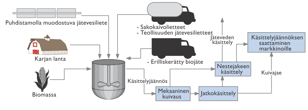 22 (55) Kuva 7. Yhteiskäsittelybiokaasulaitoksen toimintavaihtoehdot (Latvala, 2009).