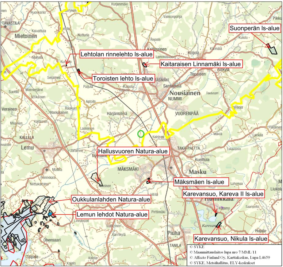 43 (55) Mäksmäen luonnonsuojelualue (tunnus YSA202512) on lähin luonnonsuojelulain perusteella suojeltu alue. Se sijaitsee hankealueesta noin 2,5 kilometrin päässä etelässä.