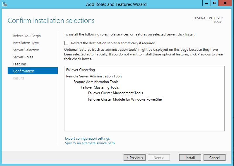 22 Kuva 7. Roolien varmistus asentamiseen. 5.3 PowerShell-scriptit Failover Clusterin -ominaisuuden asentamiseen Seuraavilla PowerShell-skripteillä voi myös asentaa Failover Clustering -ominaisuuden.