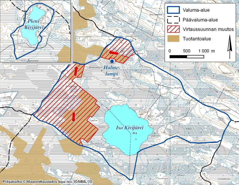 Kivisuo - Muhos, Utajärvi, Oulu. Turvetuotantoalueen 79 Kuva 14. Ison ja Pienen Kivijärven valuma-alueet, Halmelammen sijainti sekä turvetuotannon vaikutus virtaussuuntiin valuma-alueilla.