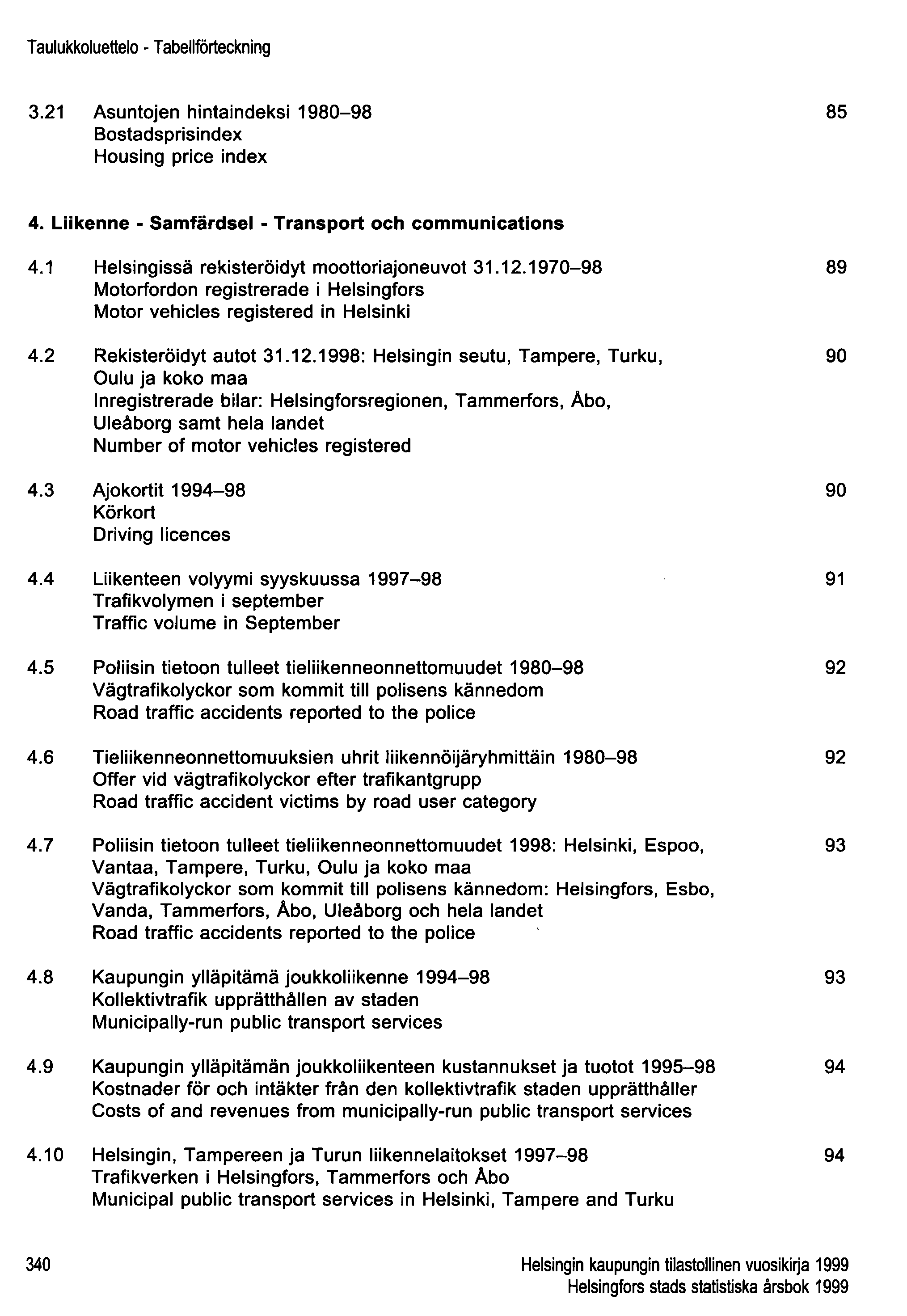 Taulukkoluettelo - Tabellförteckning 3.21 Asuntojen hintaindeksi 1980-98 Bostadsprisindex Housing price index 85 4. Liikenne - Samfärdsel - Transport och communications 4.1 4.2 4.