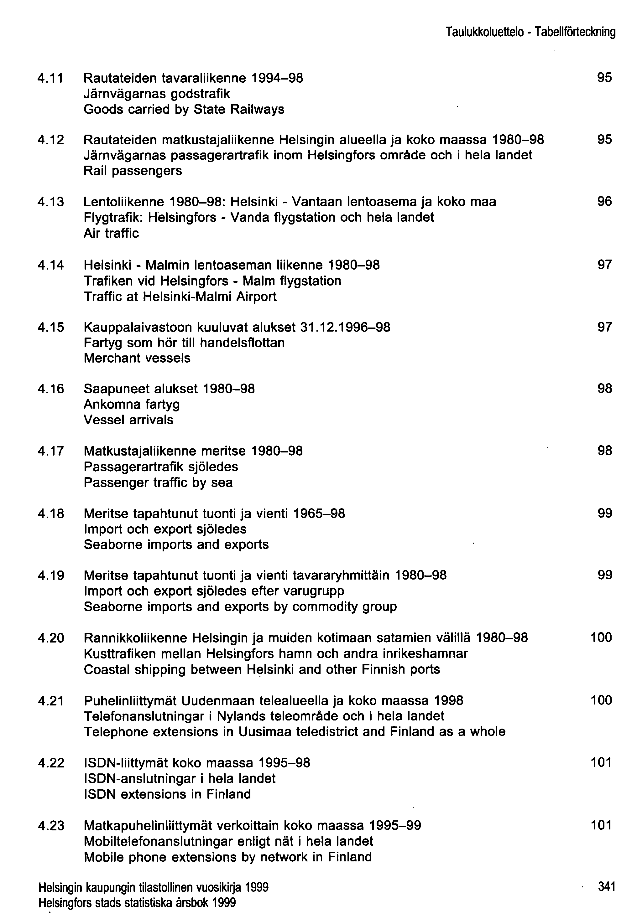 Taulukkoluettelo Tabellförteckning 4.11 Rautateiden tavaraliikenne 1994-98 Järnvägarnas godstrafik Goods carried by State Railways 95 4.