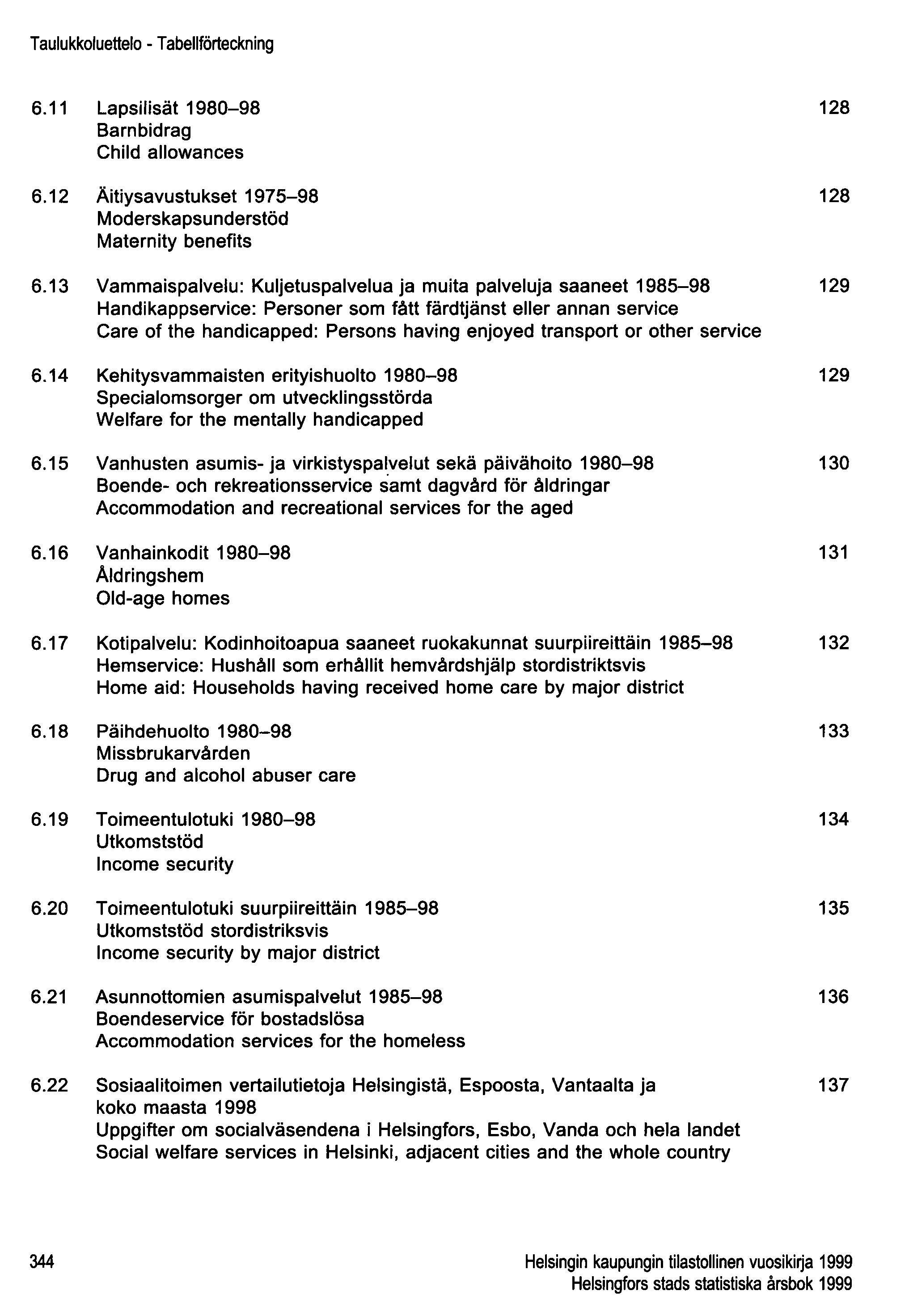 Taulukkoluettelo - Tabellförteckning 6.11 Lapsilisät 1980-98 128 Barnbidrag Child allowances 6.12 Äitiysavustukset 1975-98 128 Moderskapsunderstöd Maternity benefits 6.