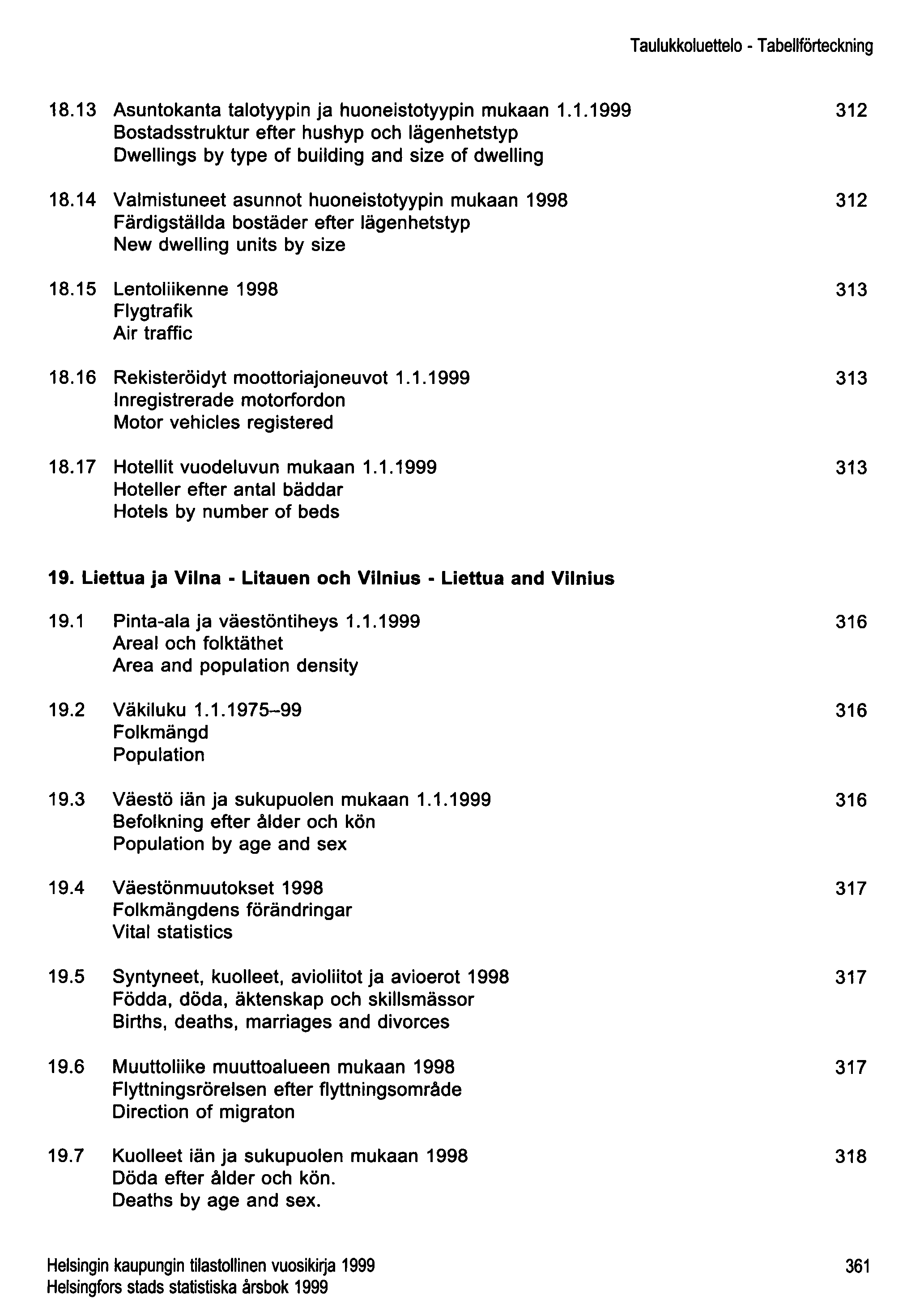 Taulukkoluettelo - Tabellförteckning 18.13 Asuntokanta talotyypin ja huoneistotyypin mukaan 1.1.1999 Bostadsstruktur efter hushyp och lägenhetstyp Dwellings by type of building and size of dwelling 18.