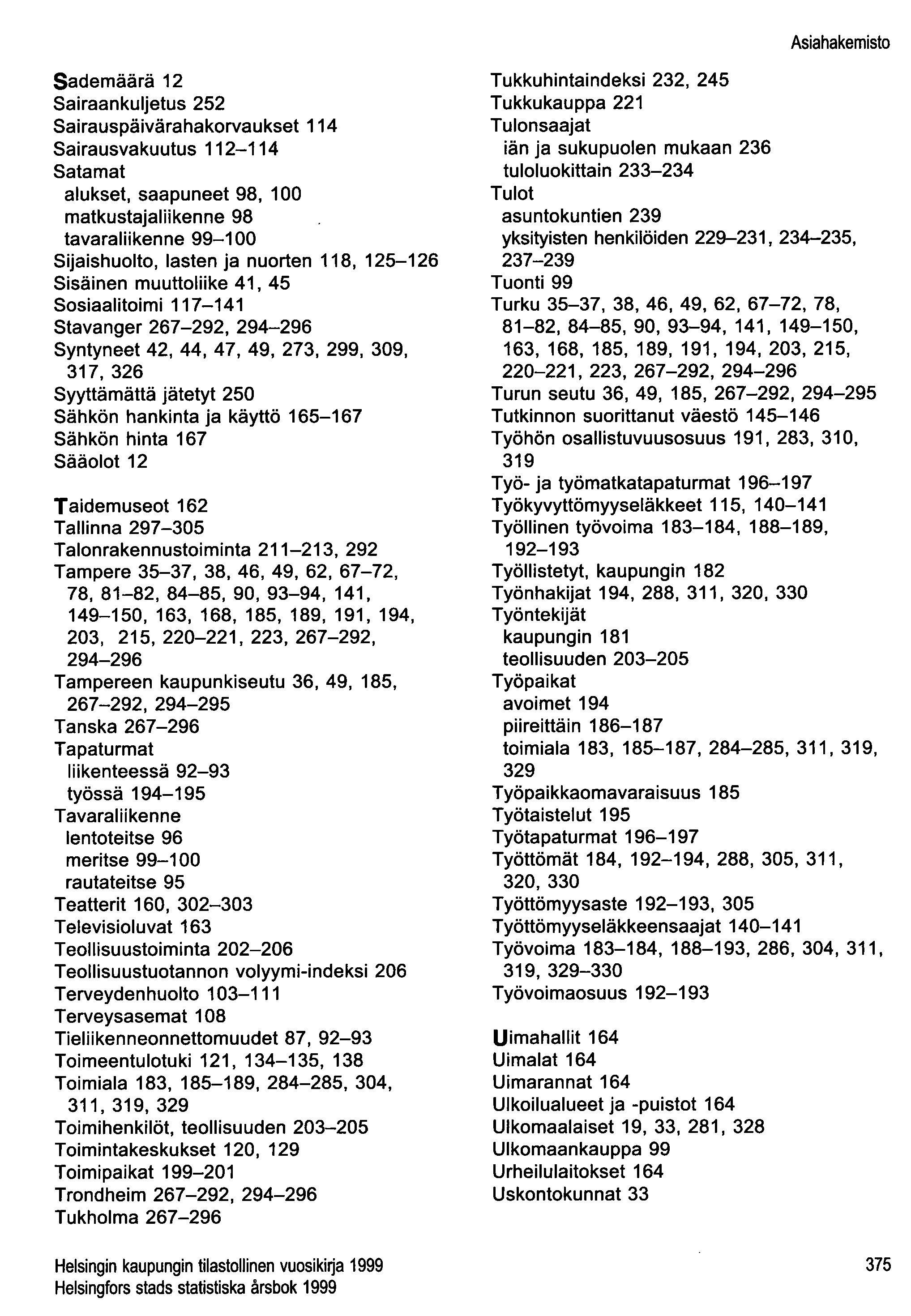 Asiahakemisto Sademäärä 12 Sairaankuljetus 252 Sairauspäivärahakorvaukset 114 Sairausvakuutus 112-114 Satamat alukset, saapuneet 98, 100 matkustajaliikenne 98 tavaraliikenne 99-100 Sijaishuolto,