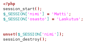 12 tuntomuuttujan poistaminen tapahtuu unset()-komennolla. Koko istunnon voi poistaa käyttämällä komentoa session_destroy(). Kuva 5. Esimerkki istunnon käyttämisestä 6 MYSQL 6.