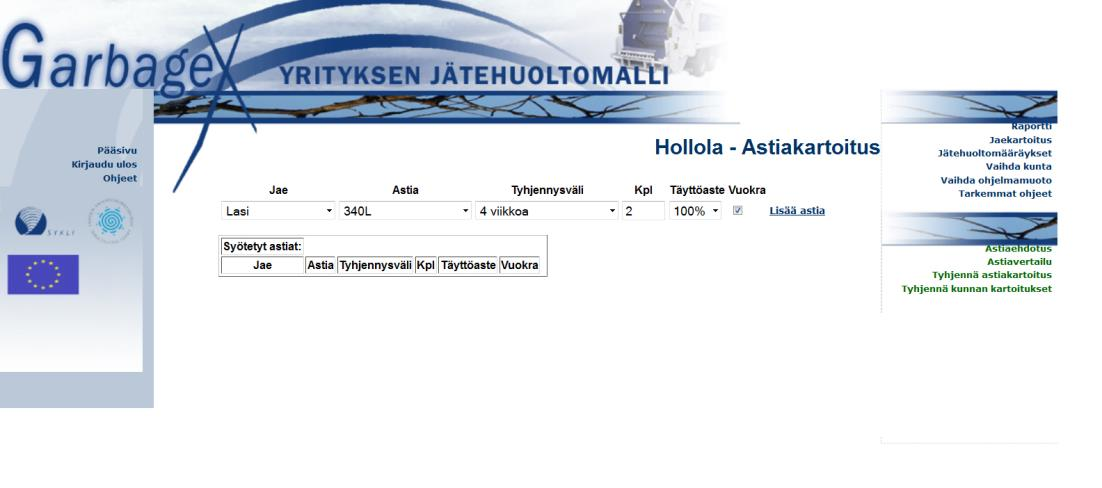 13 Astiakartoituksessa käyttäjä pystyi syöttämään astioita valitsemalla ensin jakeen ja tämän jälkeen astian tyypin, tyhjennysvälin, täyttöasteen ja syöttämällä astioiden kappalemäärän sekä