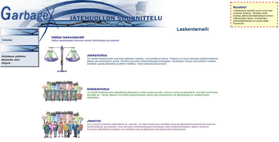 27 Suunnittelun ja laskennan alussa käyttäjä syöttää kohteen nimen, valitsee toimialueen, jätepisteiden määrän sekä toimialan tai kiinteistötyypin. Tietojen syötöstä on havainnekuva kuviossa 19.