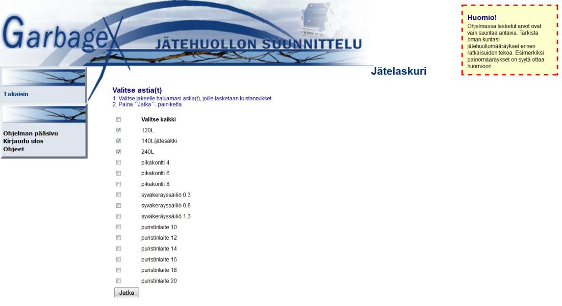 38 Laskuja suoritettaessa jakeelle oli valittuna aina kaikki astiamahdollisuudet ja lisäksi kaikki mahdolliset tyhjennysvälit. Astioiden kappalemäärät saattoivat olla hyvin suuria eri astiatyypeillä.