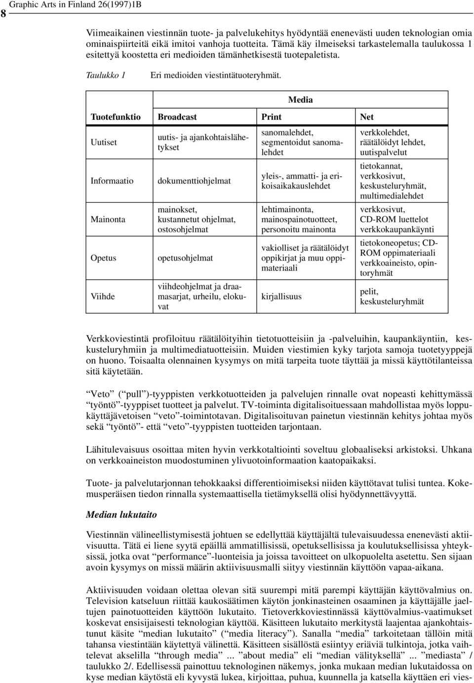 Media Tuotefunktio Broadcast Print Net Uutiset Informaatio Mainonta Opetus Viihde uutis- ja ajankohtaislähetykset dokumenttiohjelmat mainokset, kustannetut ohjelmat, ostosohjelmat opetusohjelmat