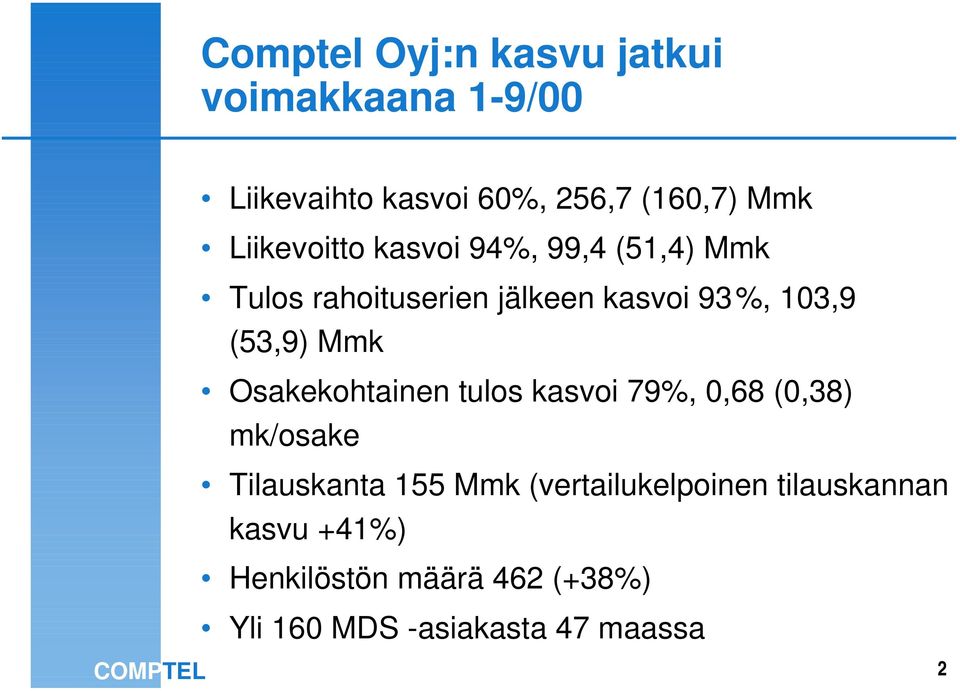Mmk Osakekohtainen tulos kasvoi 79%, 0,68 (0,38) mk/osake Tilauskanta 155 Mmk