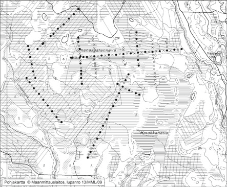 Pyhännällä tutkitut suot ja niiden turvevarat Osa 3 127. Omenasaarenneva Omenasaarenneva (kl. 341307, x = 7103,3, y = 3486,0) sijaitsee noin 24 km Pyhännän keskustasta kaakkoon (kuva 29).