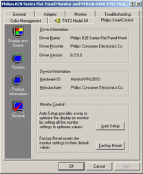 Kuvaruutuvalikot Monitor Control -kohdassa käyttäjä voi valita Auto Setup -toiminnon, joka optimoi asetukset, tai Factory Reset -toiminnon, joka palauttaa näyttöön tehdasasetukset.