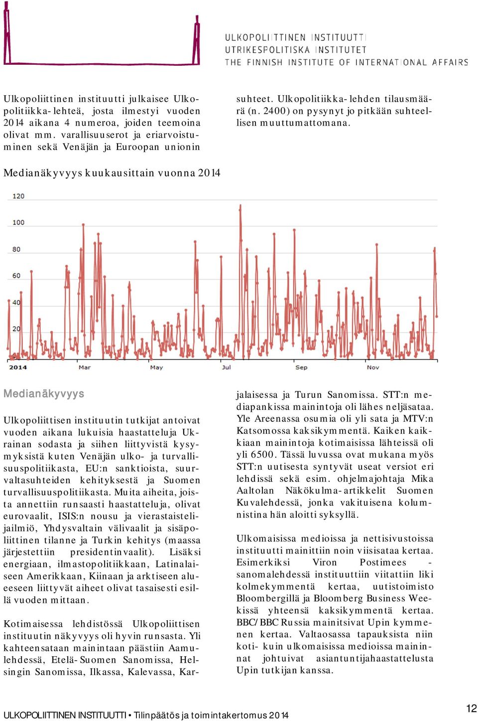 Medianäkyvyys kuukausittain vuonna 2014 Medianäkyvyys Ulkopoliittisen instituutin tutkijat antoivat vuoden aikana lukuisia haastatteluja Ukrainan sodasta ja siihen liittyvistä kysymyksistä kuten