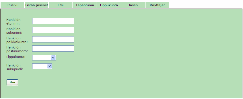 6.3.7 Etsi Nimi Kuvaus Toimijat Etsi Lomake jolla suoritetaan hakuja tietokannasta ja listataan tiedot haun perusteella. Käyttäjä Alkutila ja alkuehdot Käyttäjä on kirjautunut sisään.