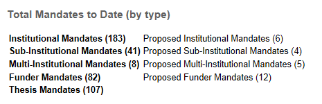 Mandaatit / Kansalliset linjaukset Monet yliopistot ja rahoittajat vaativat (yht. 328; proposed27) esim.