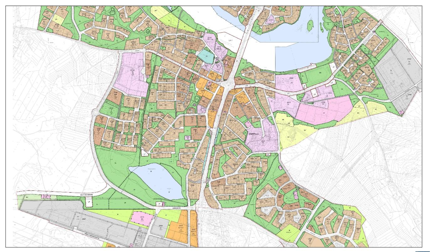 4 () Ote Haukiputaan Kirkonkylän ajantasa-asemakaavasta. Kirkonkylän keskustan tuntumassa hyvät rakennusmaat on asemakaavoitettu ja rakennettu.