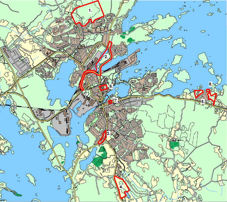 5. Koivuniemen laajennus I ja II Jatketaan pientaloalueen kaavoitusta. 6. Aluesairaala Laajennetaan aluesairaalan tonttia Kirkkokadun varren pienelle viheralueelle. 7.