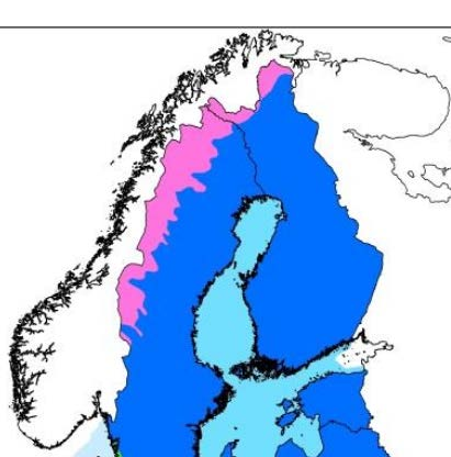 Kuva 4: Alpiininen ja boreaalinen eliömaantieteellinen vyöhykkeiden rajaus EU:n luontodirektiivin raportoinnin suotuisan suojelutason arvioinnissa. Lähde: http://bd.eionet.europa.