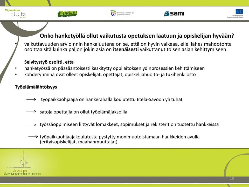 Selvitystyö osoitti, että hanketyössä on pääsääntöisesti keskitytty oppilaitoksen ydinprosessien kehittämiseen kohderyhminä ovat olleet opiskelijat, opettajat, opiskelijahuolto- ja tukihenkilöstö