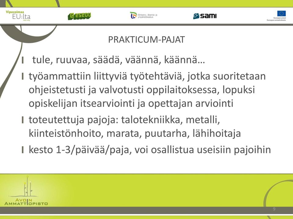 itsearviointi ja opettajan arviointi toteutettuja pajoja: talotekniikka, metalli,