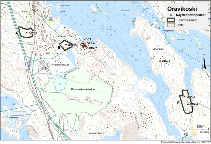 - 61 - nettujen suositusten perusteella. Lisäksi tutkimuskohteeksi valittiin tausta-alue (ORA 8) Särkiniemestä (kuva 18). Näytteenotto suoritettiin vuonna 2007. Kuva 18.