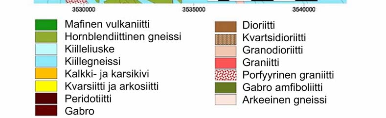 - 63 - Kuva 19. Kivilajit sekä nikkeliesiintymien sijainti Valkeisenrannan (kuvassa Rytky) valtausalueella ja sen ympäristössä (Makkonen 2007).