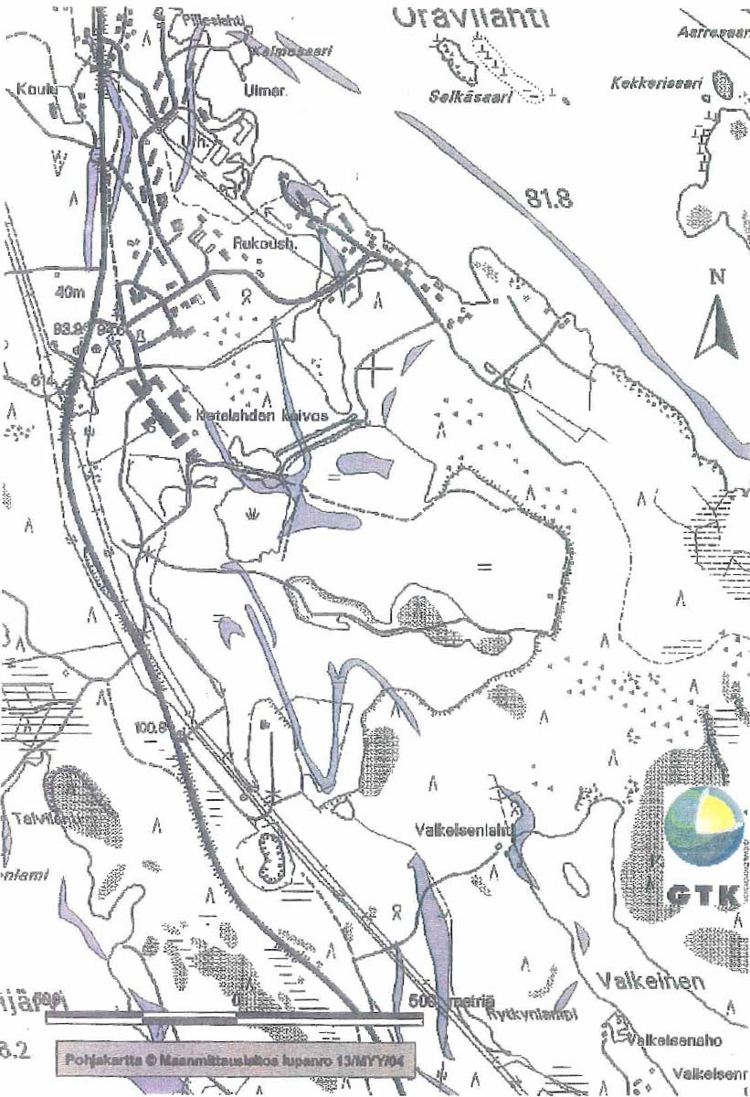 - 65 - Kuva 20. Kotalahden kaivoksen alueen kallioperän mustaliuskeet (Gaál 1980). Mustaliuskeet on kuvattu violetilla värillä (GTK:n julkaisematon numeerinen 1:100 000 kallioperäkartoitusaineisto).