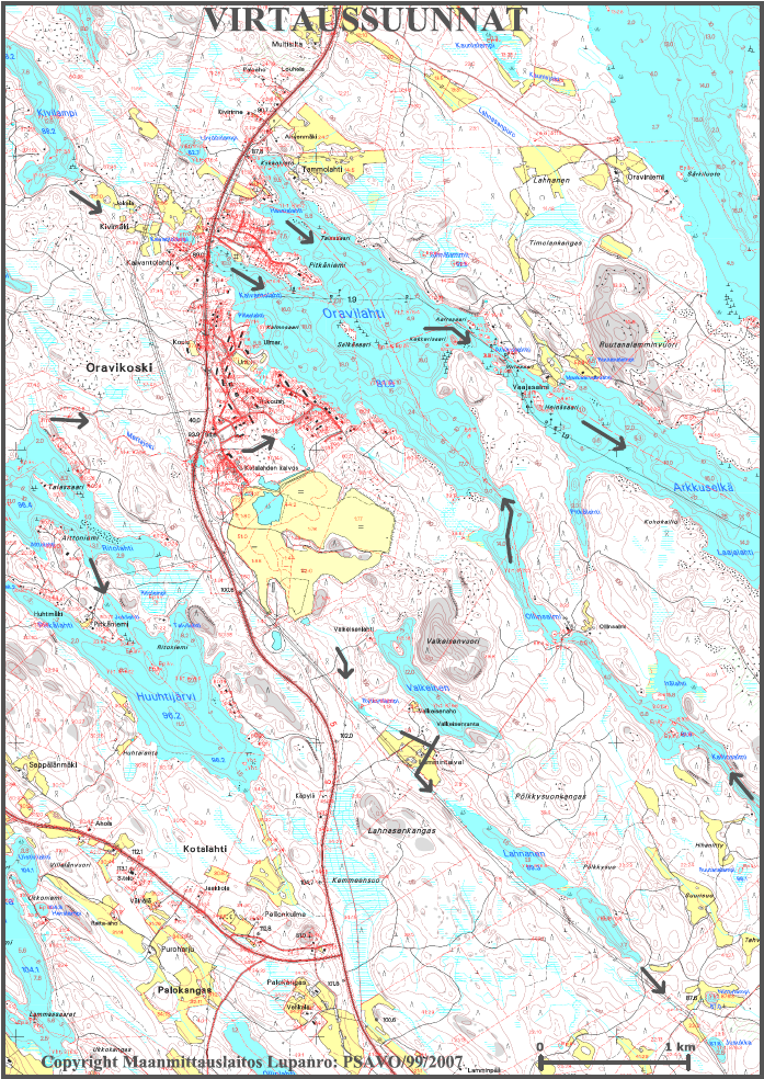 - 72 - Kuva 23. Vesistöjen virtaussuunnat Oravikosken alueella. Oravilahti Oravilahden keskisyvyys on 5 m ja pinta-ala 2 km 2. Keskivedenkorkeus on N60+81,8.