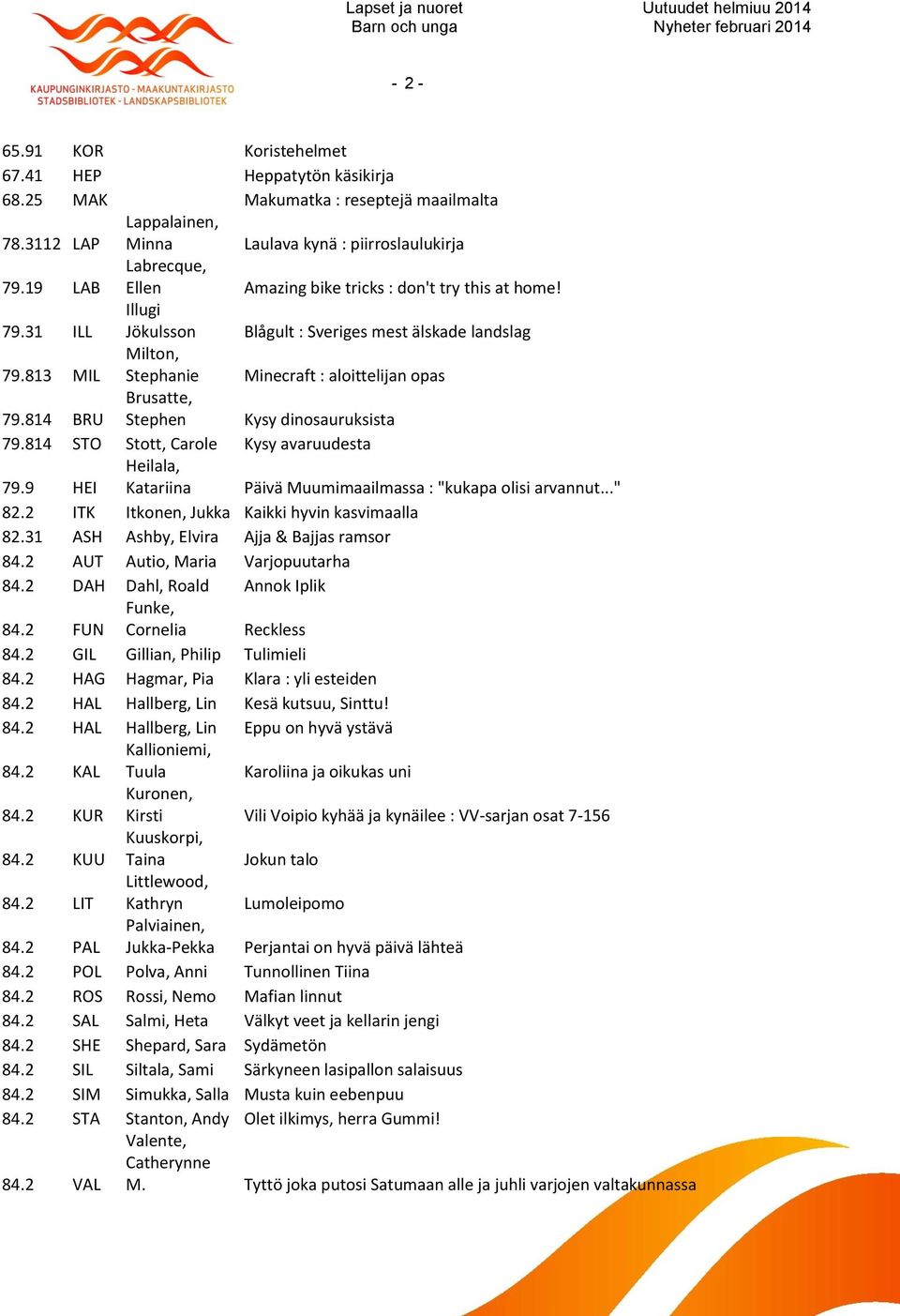 814 BRU Brusatte, Stephen Kysy dinosauruksista 79.814 STO Stott, Carole Kysy avaruudesta 79.9 HEI Heilala, Katariina Päivä Muumimaailmassa : "kukapa olisi arvannut..." 82.