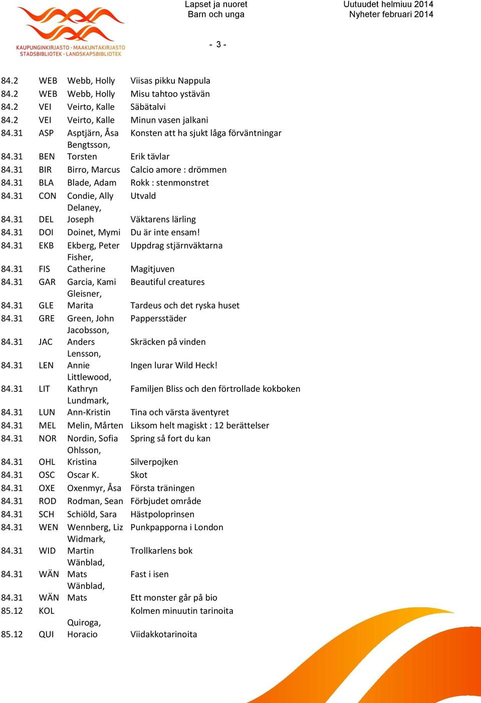 31 CON Condie, Ally Utvald 84.31 DEL Delaney, Joseph Väktarens lärling 84.31 DOI Doinet, Mymi Du är inte ensam! 84.31 EKB Ekberg, Peter Uppdrag stjärnväktarna 84.