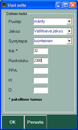 1.2.1 Kuviotietojen syöttö (5/8) Puustotiedot Anna tiedot ositteen pääpuulajista, jaksosta ja syntytavasta. Anna puustotiedot. Ikätieto on pakollinen. Anna lisäksi muut tunnetut kuviotiedot.