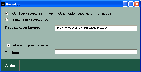 2.1. Kasvatusohjelman valinta Kun olet antanut lähtöpuuston tiedot, näyttöön ilmestyy alla oleva valikko Hyvän metsänhoidon mukainen kasvatusohjelma (oletus) Motti kasvattaa metsikkökuviota "Hyvän