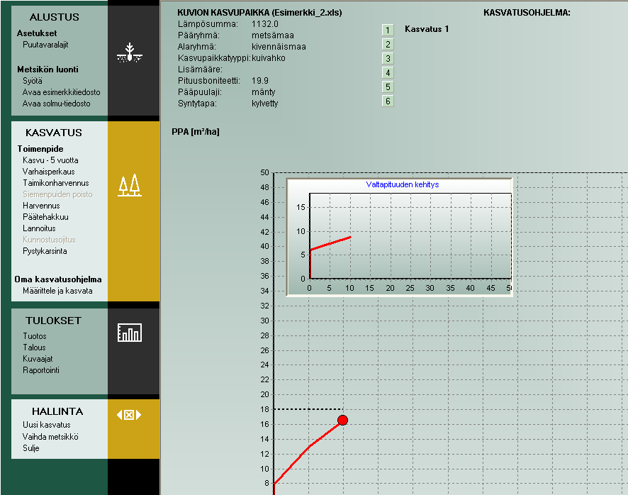 2.2. Puuston kasvatus Valitse: Toimenpide Kasvu - 5 vuotta Hiiren vasenta painiketta painamalla ohjelmisto kasvattaa puustoa 5 vuotta.
