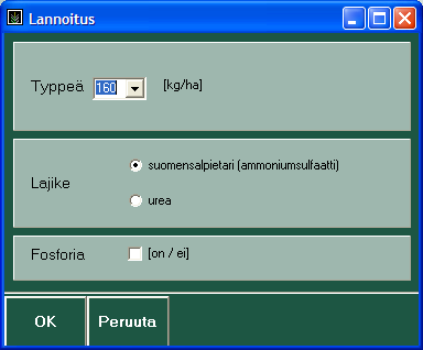 2.6. Lannoitus Valitse: Toimenpide Lannoitus HUOM! Metsänlannoituksen vaikutus voidaan MOTTI-ohjelmistolla ennustaa ainoastaan kangasmailla! Tämä ominaisuus ei toimi turvemailla!