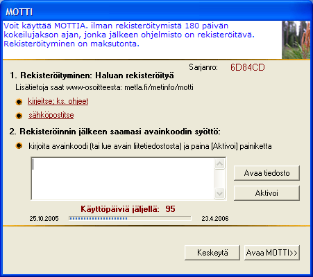 Avainkoodin tilaaminen ja ohjelmiston aktivointi Ohjelmiston sarjanumero, jota tarvitaan rekisteröinnissä.