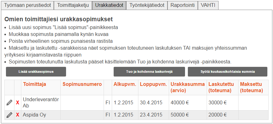 8. Urakkatiedot Urakkatiedot-välilehti Välilehdellä näkyvät kaikki ne lisätyt sopimukset, joissa yritys on tilaajana.